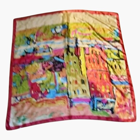 MOSI Silk Scarf Colorful Abstract Art 35x35 Inches Red Border - Picture 3 of 11